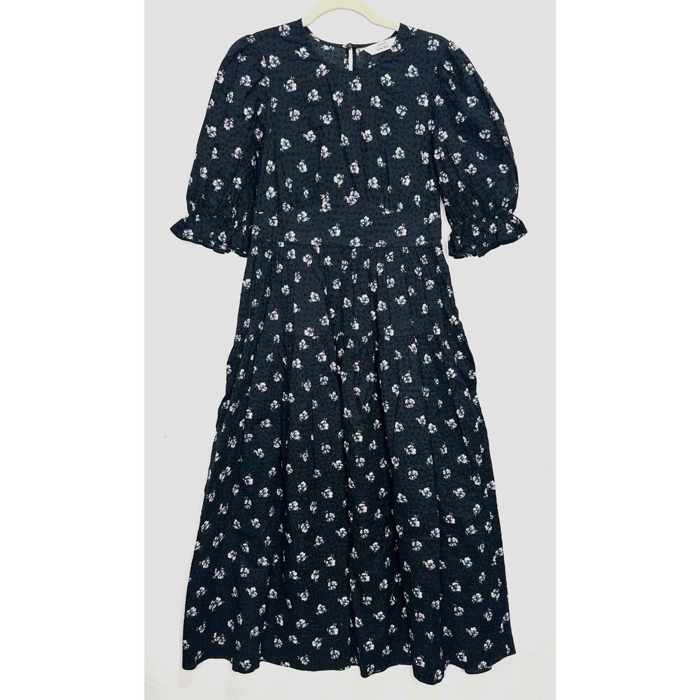 & Other Stories Puff Sleeve Floral Midi Dress Black Size 4